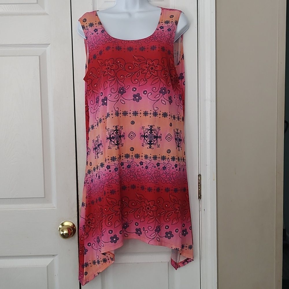 LBisse pink red orange floral print sleeveless shark bite dress  Sz  1X